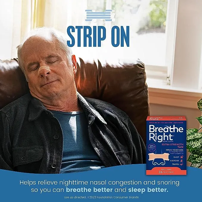 Breathe Right Nasal Strips Extra Strength Tan Nasal Strips Help Stop Snoring Drug-Free Snoring Solution & Instant Nasal Congestion Relief Caused by Colds & Allergies 26ct (packaging may vary)