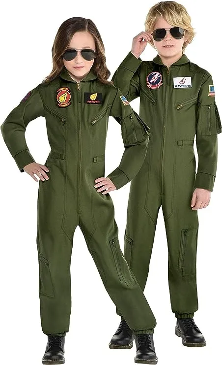 Party City Top Gun: Maverick Flight Costume for Kids, Halloween, Olive Green, Zipper Closure 