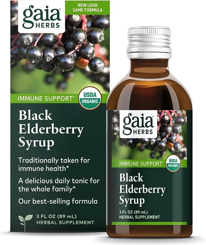 Gaia Herbs Black Elderberry (Sambucus Nigra) Syrup-Immune Support Supplement-Made with Organic Black Elderberries for Immune System Support-USDA Certified Organic Formula-3 Fl Oz (18-Day Supply)