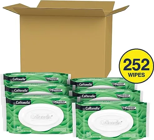 Cottonelle GentlePlus Flushable Wet Wipes with Aloe & Vitamin E, Adult Wet Wipes, 6 Flip-Top Packs, 42 Wipes per Pack (6 Packs of 42) (252 Total Flushable Wipes), Packaging May Vary