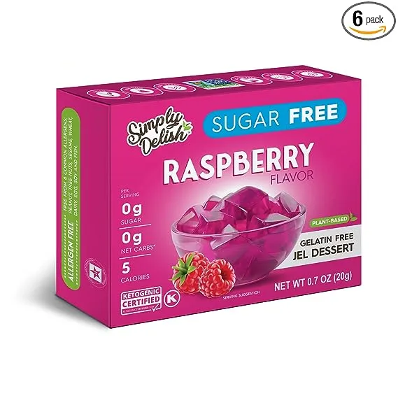 Simply Delish Plant Based Natural Raspberry Jel Dessert – 6 Pack – Zero Sugar, 0g Net Carbs, Gluten Free, Vegan, Diabetic & Allergen Free