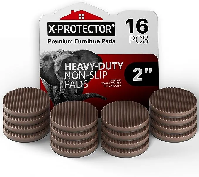 16 pcs Round X-Protector Non-Slip Furniture Pads 2" - Anti Slip Furniture Pads - Self-Adhesive Anti Skid Pads for Furniture - Brown Furniture Pads for Hardwood Floors - Unique Anti Vibration Pads!