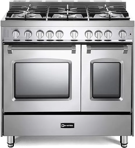 Verona VPFSGG365DSS 36" Prestige Series Freestanding Gas Range with Double Oven 5 Sealed Burners Oven Racks and Cast-Iron Grates in Stainless Steel