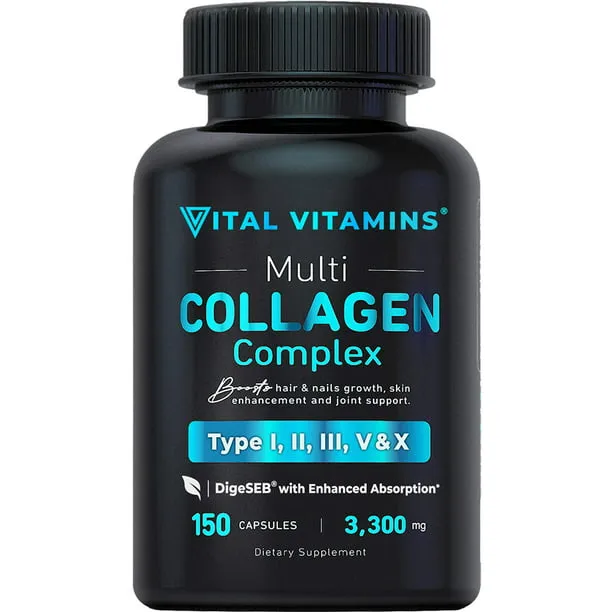 Vital Vitamins Multi Collagen Complex - Type I, II, III, V, X, Grass Fed, Non-GMO, 150 Capsules