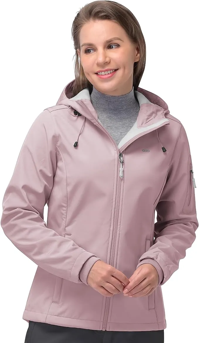 33,000ft Women's Softshell Jacket, Fleece Lined Warm Jacket Light Hooded Windproof Coat for Outdoor Hiking