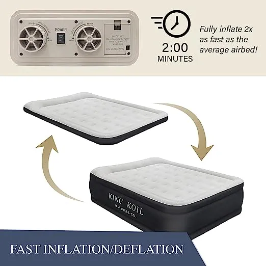 King Koil Luxury Queen Air Mattress with Built-in High Speed Pump, Blow Up Bed Top and Side Flocking, Puncture Resistant, Double High Inflatable Airbed for Camping, Home, Travel