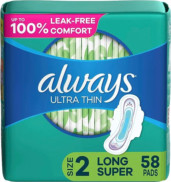 always ultra thin super pads, with wings, 58 count