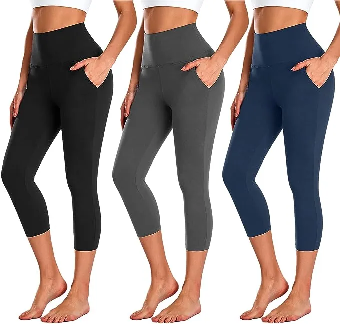 NEW YOUNG 3 Pack Capri Leggings for Women with Pockets-High Waisted Tummy Control Workout Gym Yoga Active Pants