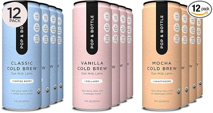 Pop & Bottle, Oat Milk Lattes - Cold Brew, Maca, Antioxidants, Ashwagandha, MCT Oil, Collagen, Organic, Diary Free, Gluten Free, Lightly Sweetened with Dates - Variety, 8 Fl Oz (12 Pack)