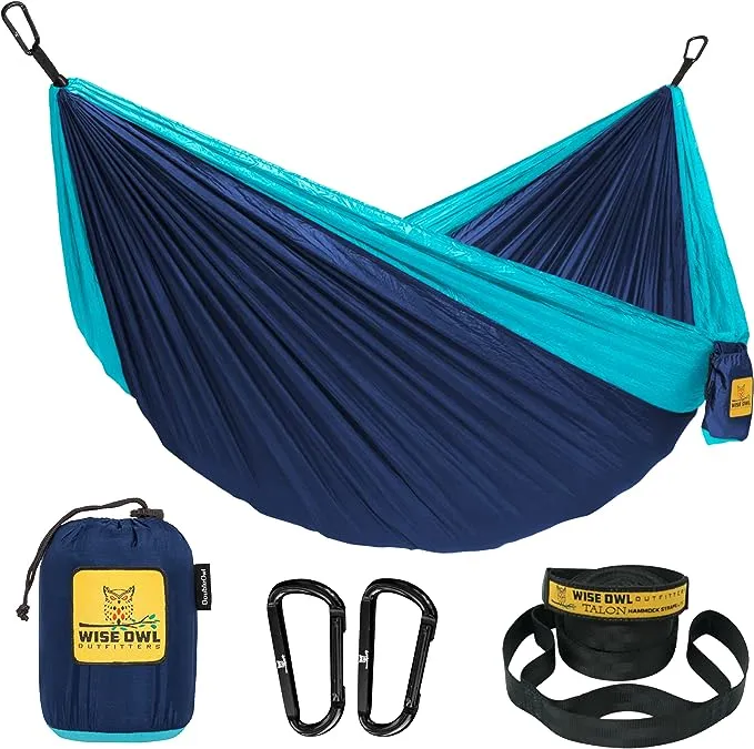 Wise Owl Outfitters Hammock for Camping Single Hammocks Gear for The Outdoors Backpacking Survival or Travel - Portable Lightweight Parachute Nylon SO Lt Blue & Grey