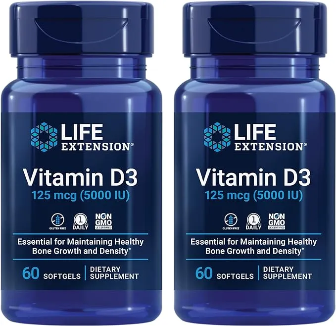 Life Extension Vitamin D3 125 Mcg (5000 Iu) – Promotes Bone Health, Brain Health and Immune Function – Non-GMO – Gluten-Free – Two Pack – 2 x 60 Softgels