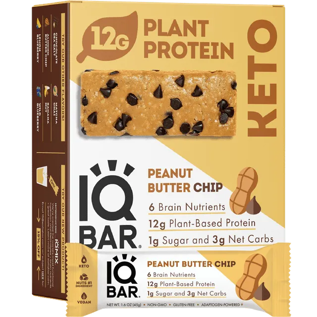 IQBAR Brain and Body Keto Protein Bars - Peanut Butter Chip Keto Bars - 12-Count Energy Bars - High Fiber Vegan Bars and Low Sugar Meal Replacement Bars - Vegan Snacks