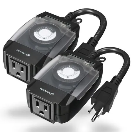 Fosmon C-10707US Outdoor 15A 24-Hour Mechanical Light Timer 3-Prong ETL Listed Water Resistance and Heavy Duty Grounded Outlet with 7inch Power Cord - Black 2 Pack