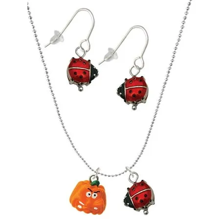 Delight Jewelry Resin Funny Grr! Pumpkin Red Lucky Ladybug Necklace and Dangle Earrings Set