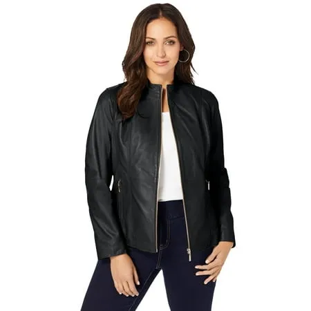 Jessica London Plus Size Women's Zip Front Leather Jacket