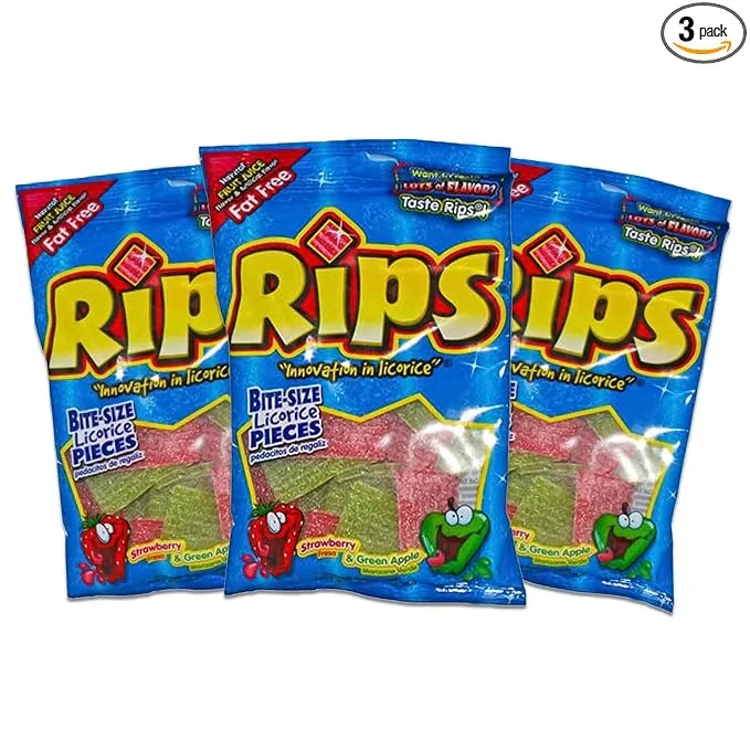 Rips Licorice Bite Size Candy - Strawberry &amp; Green Apple - Fruit Juice Flavored