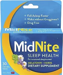 MidNite Back to Sleep Low Dose, 1.5 mg Melatonin Sleep Aid, Non-Habit Forming, Herbal Dietary Supplement for Adults, Drug-Free, Gluten-Free, Lactose-Free, Vegetarian, Vegan, 30 Quick Melt Tablets