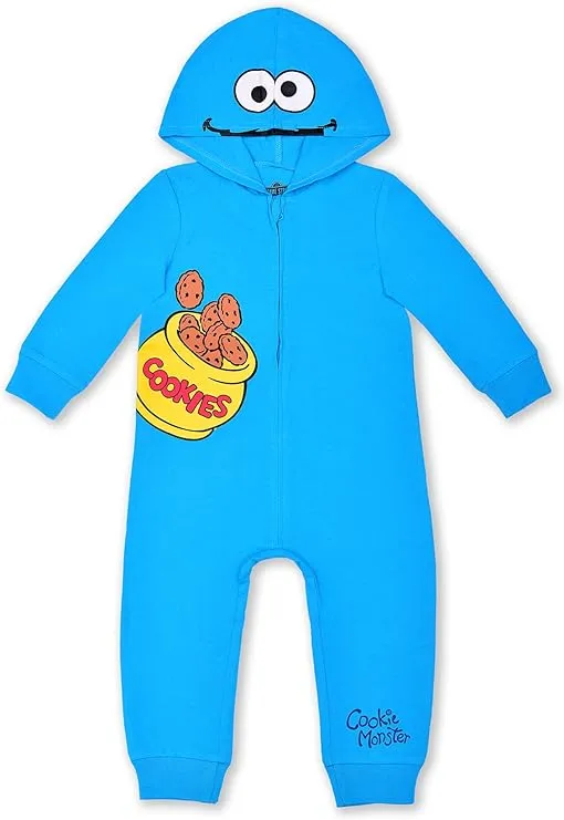 Sesame Street Boys’ Elmo or Cookie Monster Zip Up Long Sleeve Hooded Romper for Newborn, Infant and Toddler Kids