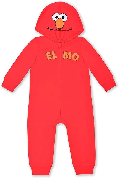 Sesame Street Boys’ Elmo or Cookie Monster Zip Up Long Sleeve Hooded Romper for Newborn, Infant and Toddler Kids