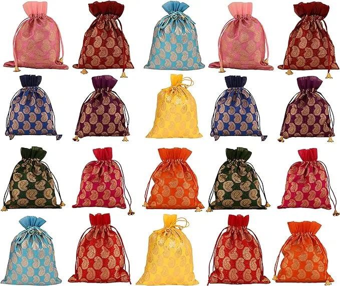 Touchstone Drawstring Bags Traditional Indian Handcrafted in Paisley Pattern Brocade fabric. Perfect for Gifts Jewelry Weddings Sweet Distribution Set of 20 Vibrant Multicolor Pouches Purses Potli