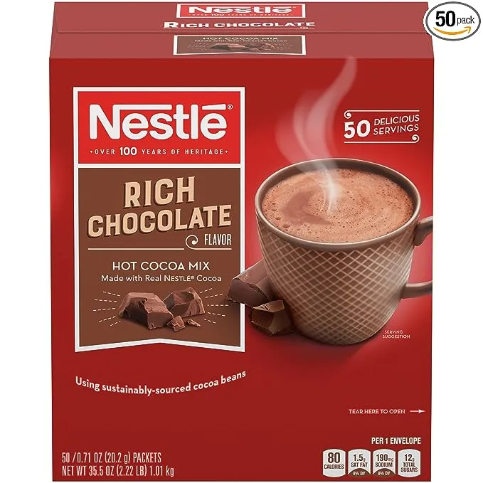 Nestle Hot Chocolate Packets, Hot Cocoa Mix, Rich Chocolate Flavor, Made with Real Cocoa, 50 Count (0.71 Oz each), 35.5 Oz