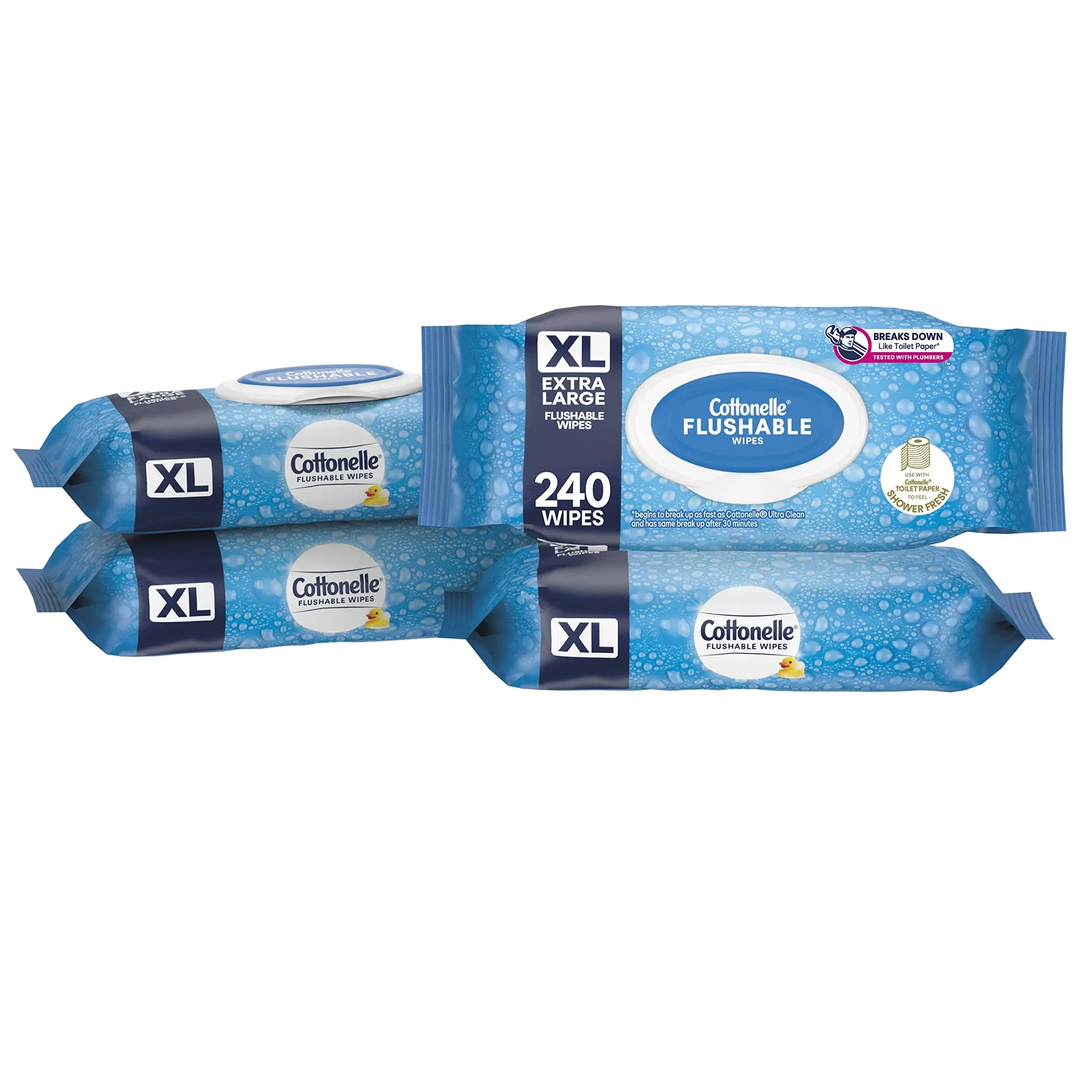 Cottonelle XL Flushable Wet Wipes, Adult Wipes Large, 4 Flip Top Packs, 240 Total ...