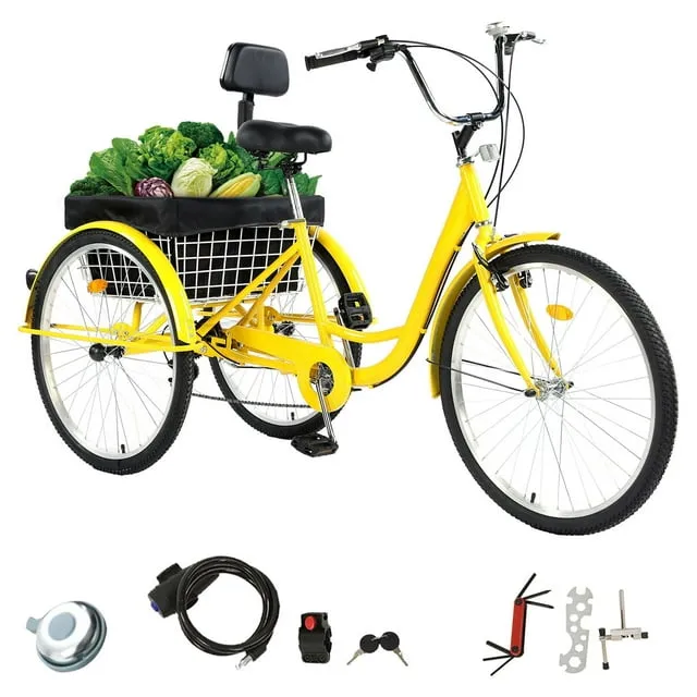 JSTUOKE Versatile 3-Wheel Adult Tricycle with 7-Speed Gearing, 26-Inch Tires, and Spacious Basket for Comfortable Riding and StorageYellow