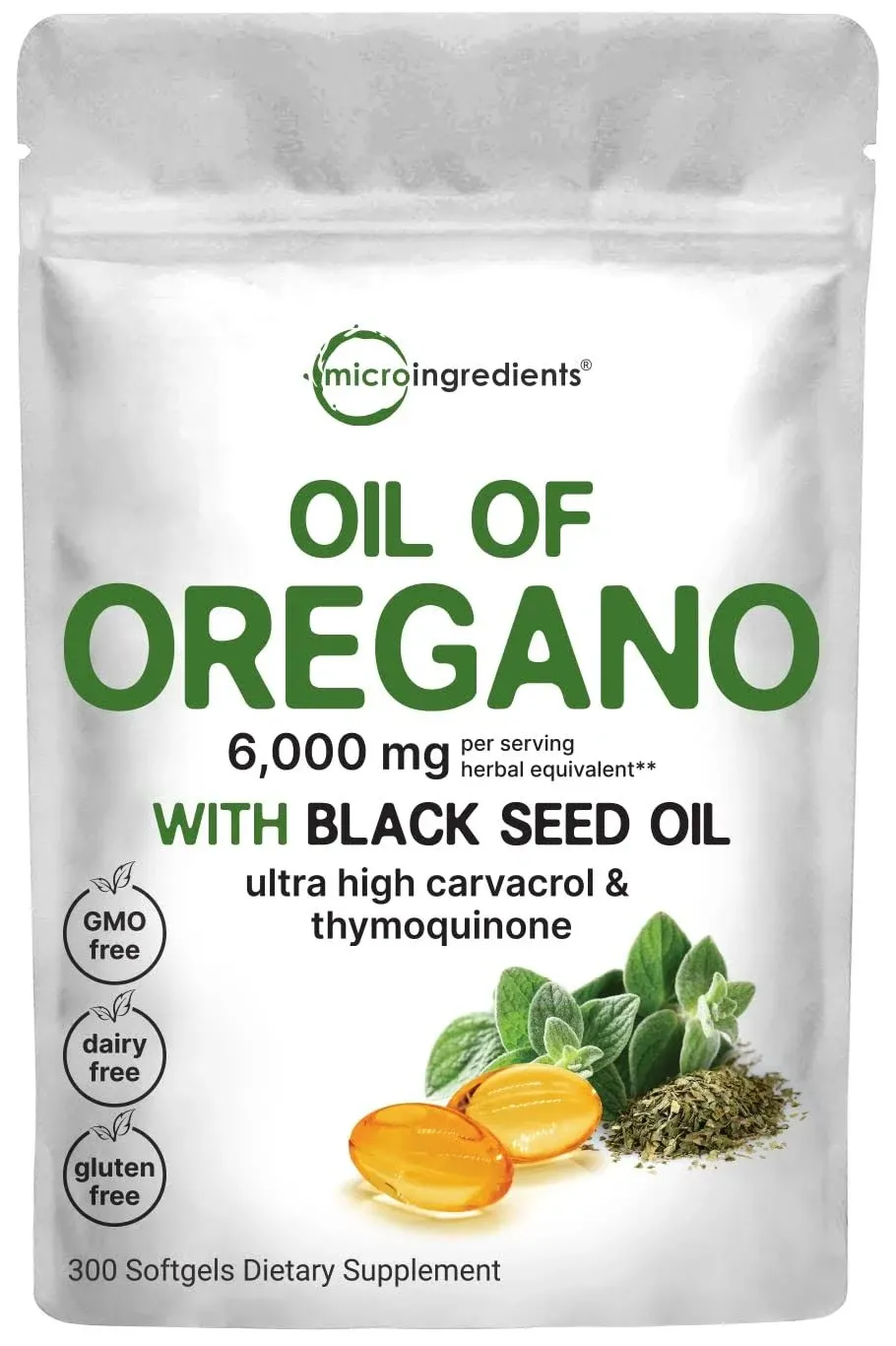 Micro Ingredients Oil of Oregano Softgels 6000mg per Serving, 300 Count | 2 in 1 ...