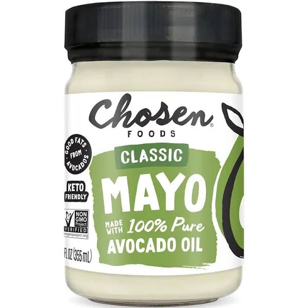 Chosen Foods 12 oz Avocado Oil Mayonnaise - Classic Recipe for Sandwiches, Salads, and Dips - Gluten-Free, Non-GMO, and Soy-Free | 300617