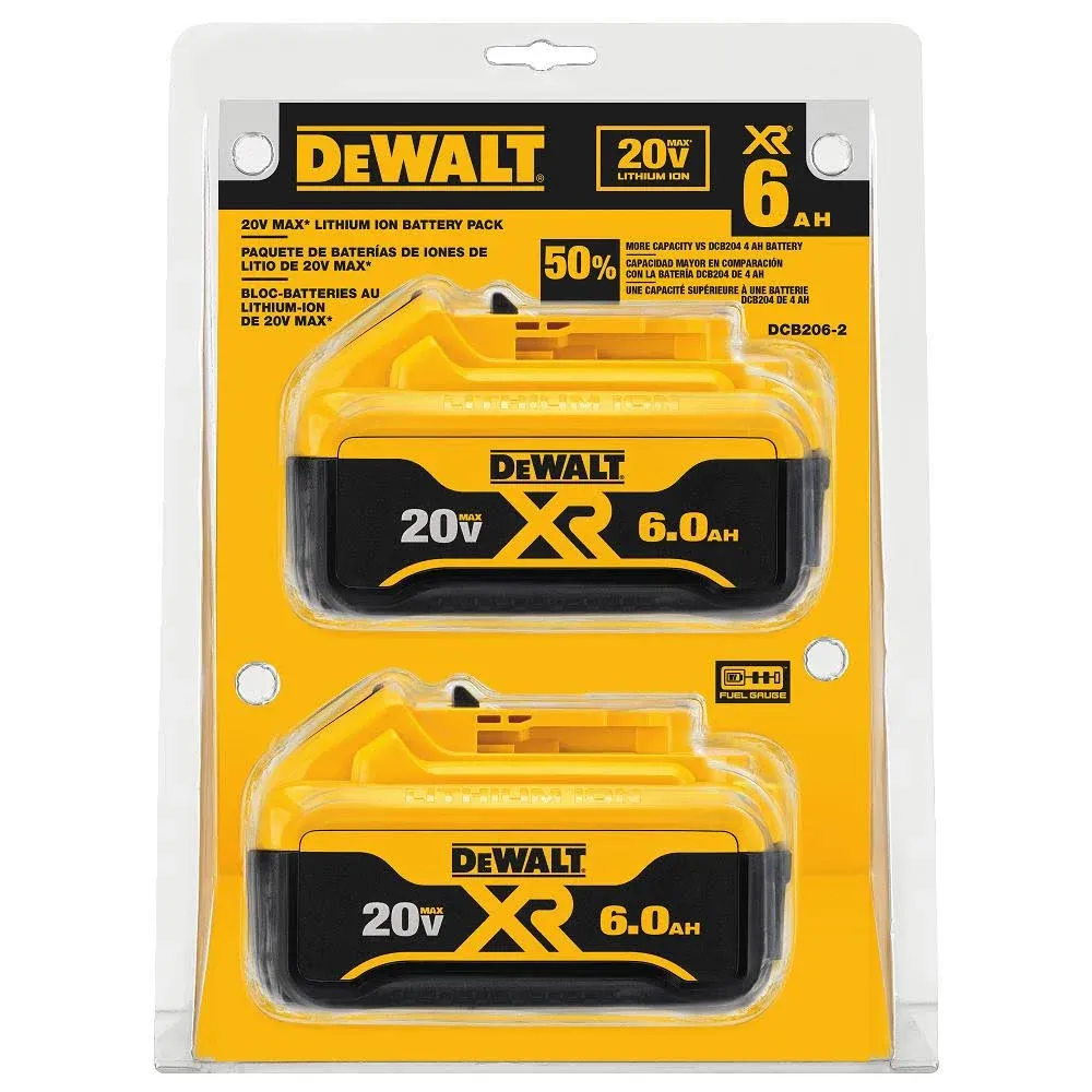 DEWALT 20V MAX Battery, 6 Ah, 2-Pack, Fully Charged in Under 90 Minutes (DCB206-2)