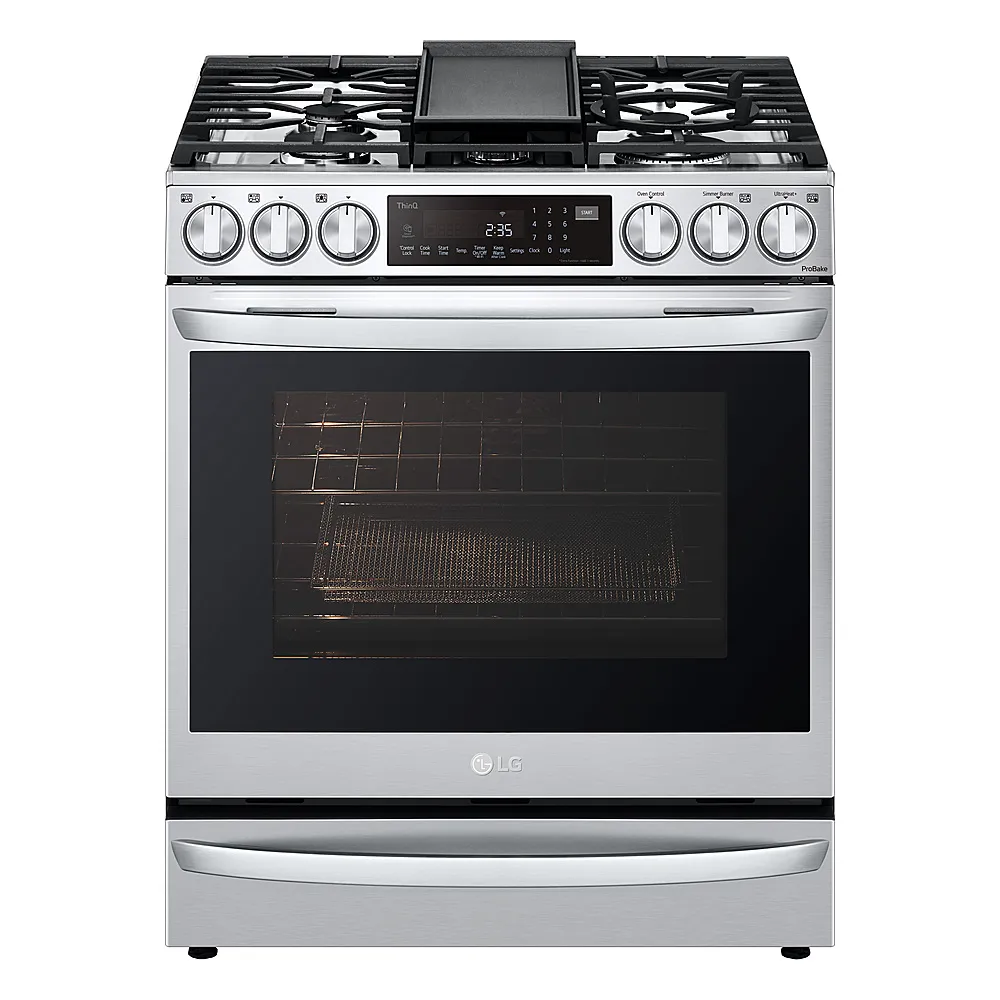 LG InstaView Air-Fry 30-in 5 Burners 6.3-cu ft Self-cleaning Air Fry Convection Oven Slide-in Smart Natural Gas Range (Printproof Stainless Steel)