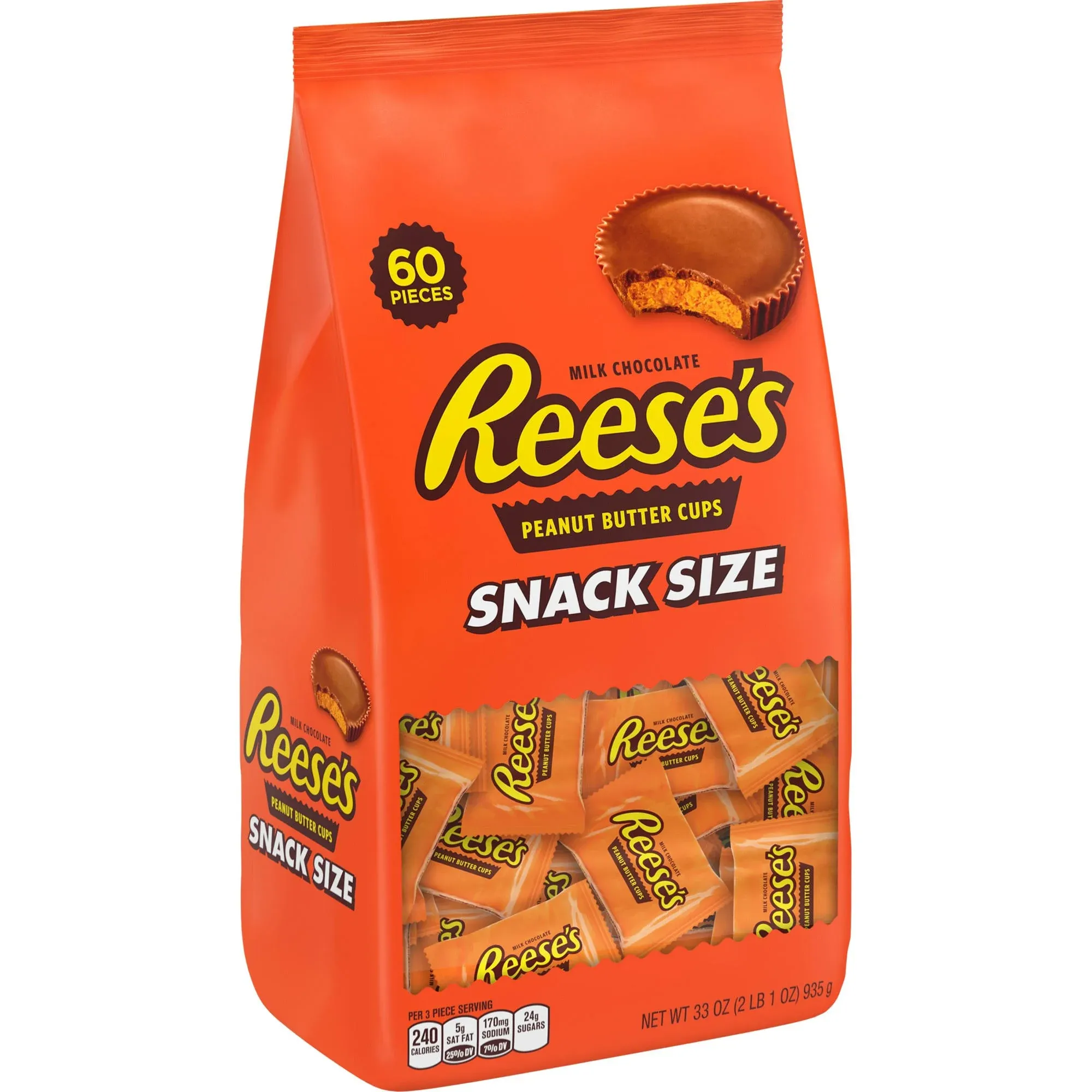 Reeses Peanut Butter Cups, Milk Chocolate, Snack Size - 60 pieces, 33 oz bag