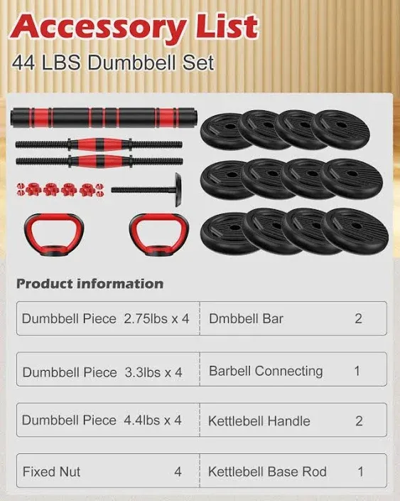 Adjustable Dumbbell Set - 22/44/66/88lb Free Weights Set With