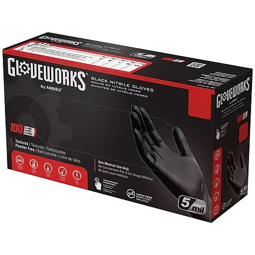 Gloveworks Nitrile Latex Free Industrial Disposable Gloves, Small, Black, 100 Per Box