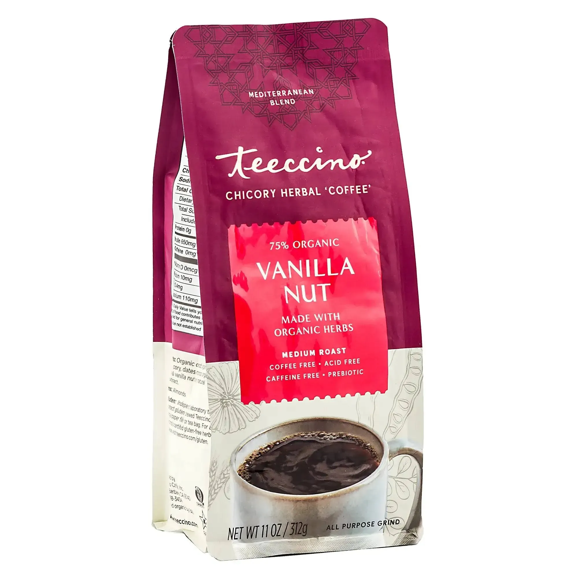 Teeccino Mediterranean Coffee, Herbal, All Purpose Grind, Medium Roast, Vanilla ...