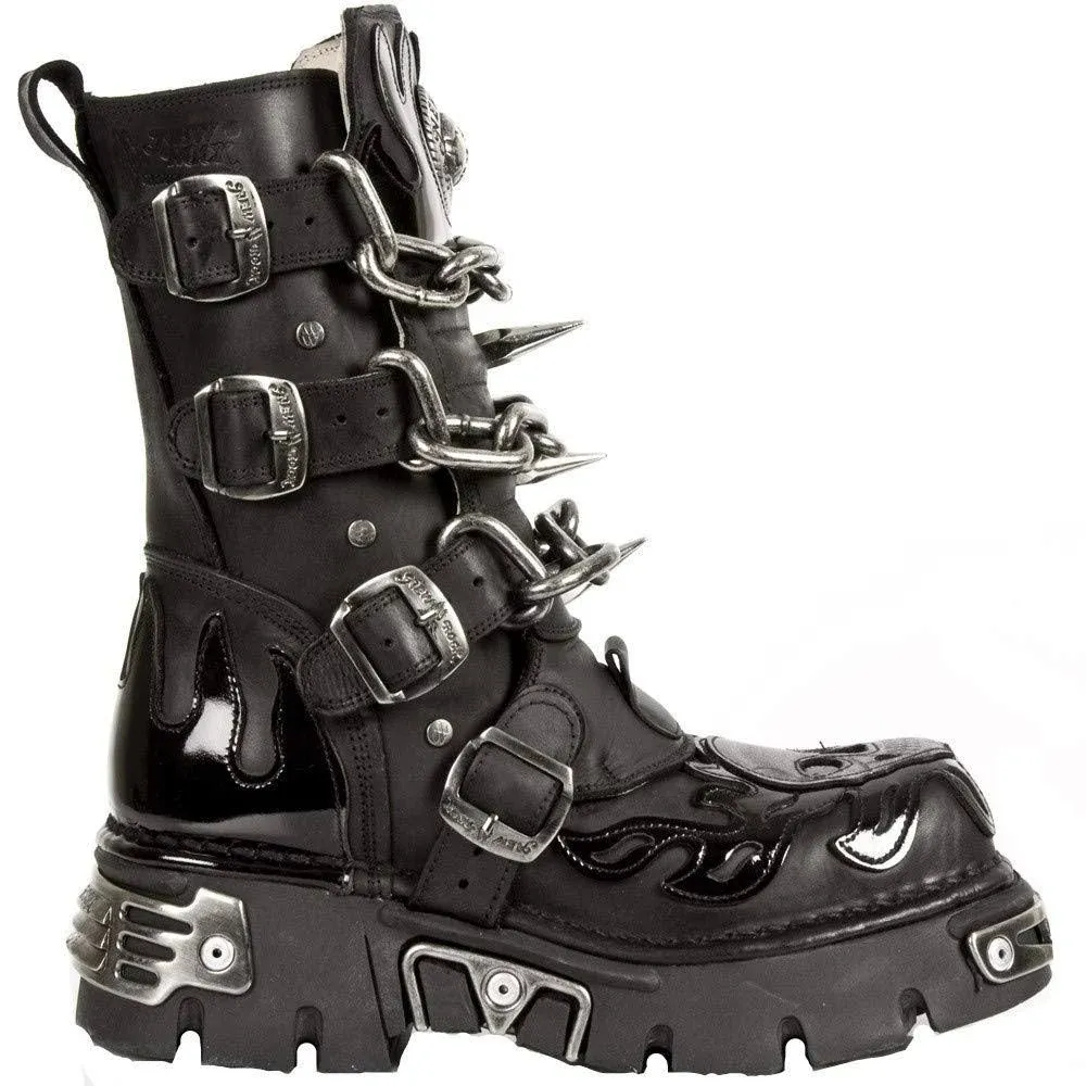 New Rock Mens Black Leather Skull Flame Reactor Boots M.727-S1