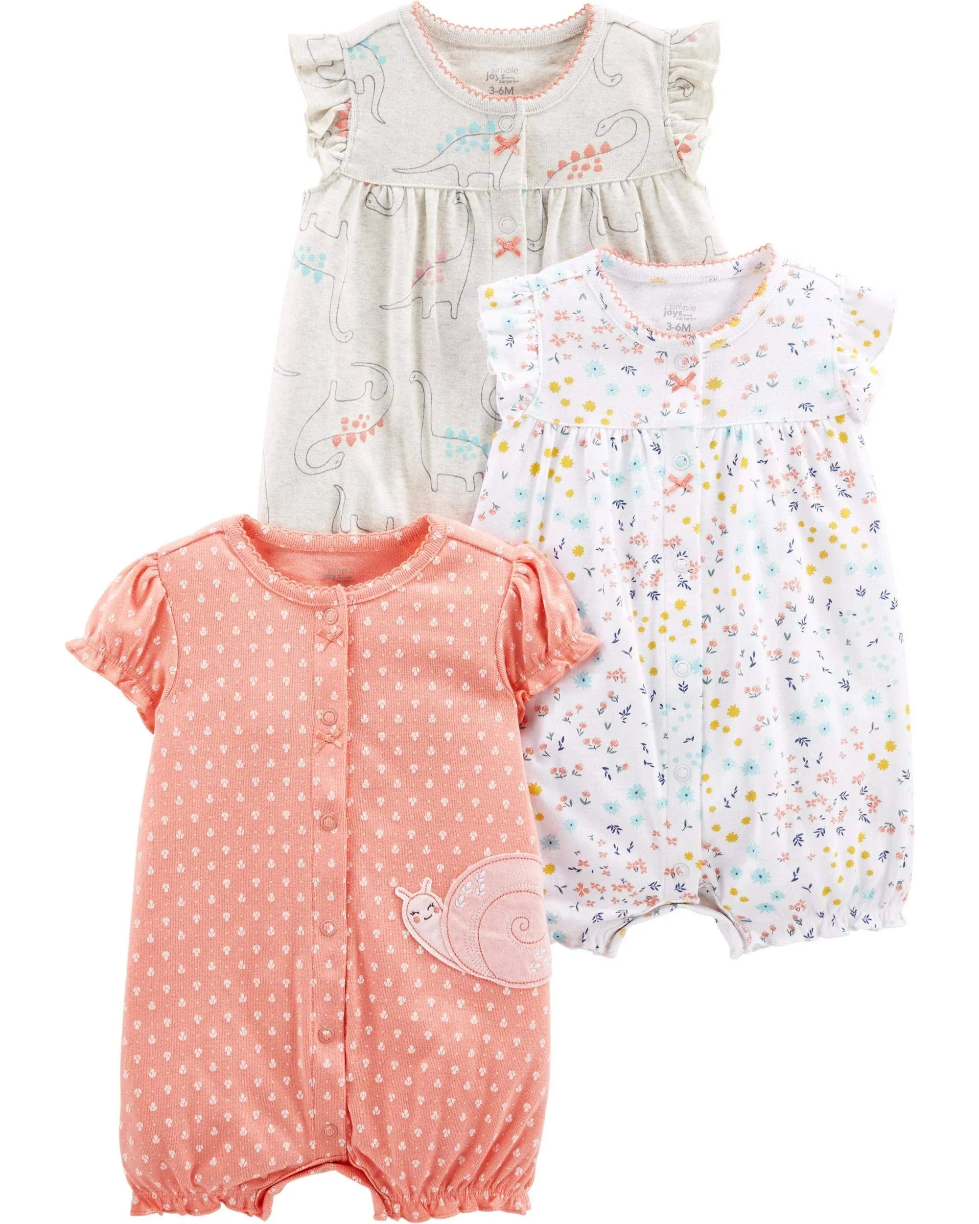 Simple Joys by Carter's Girls' 3-Pack Snap-Up Rompers, dino/floral/Snail, Newborn