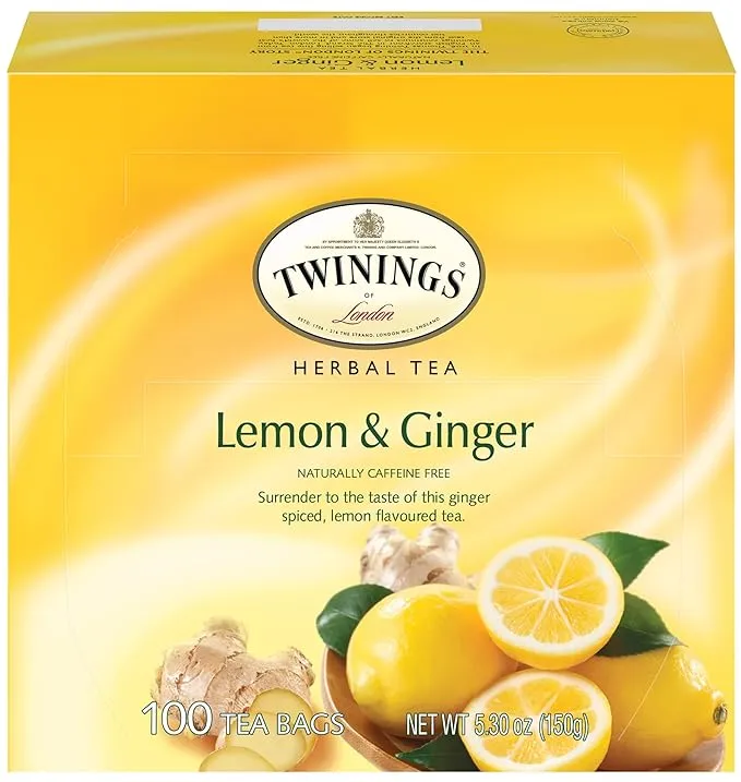 Twinings Lemon & Ginger Herbal Tea Individually Wrapped Bags, 100 Count (Pack of 1), Tangy Lemon, Spicy Ginger, Naturally Caffeine-Free, Enjoy Hot or Iced | Packaging May Vary