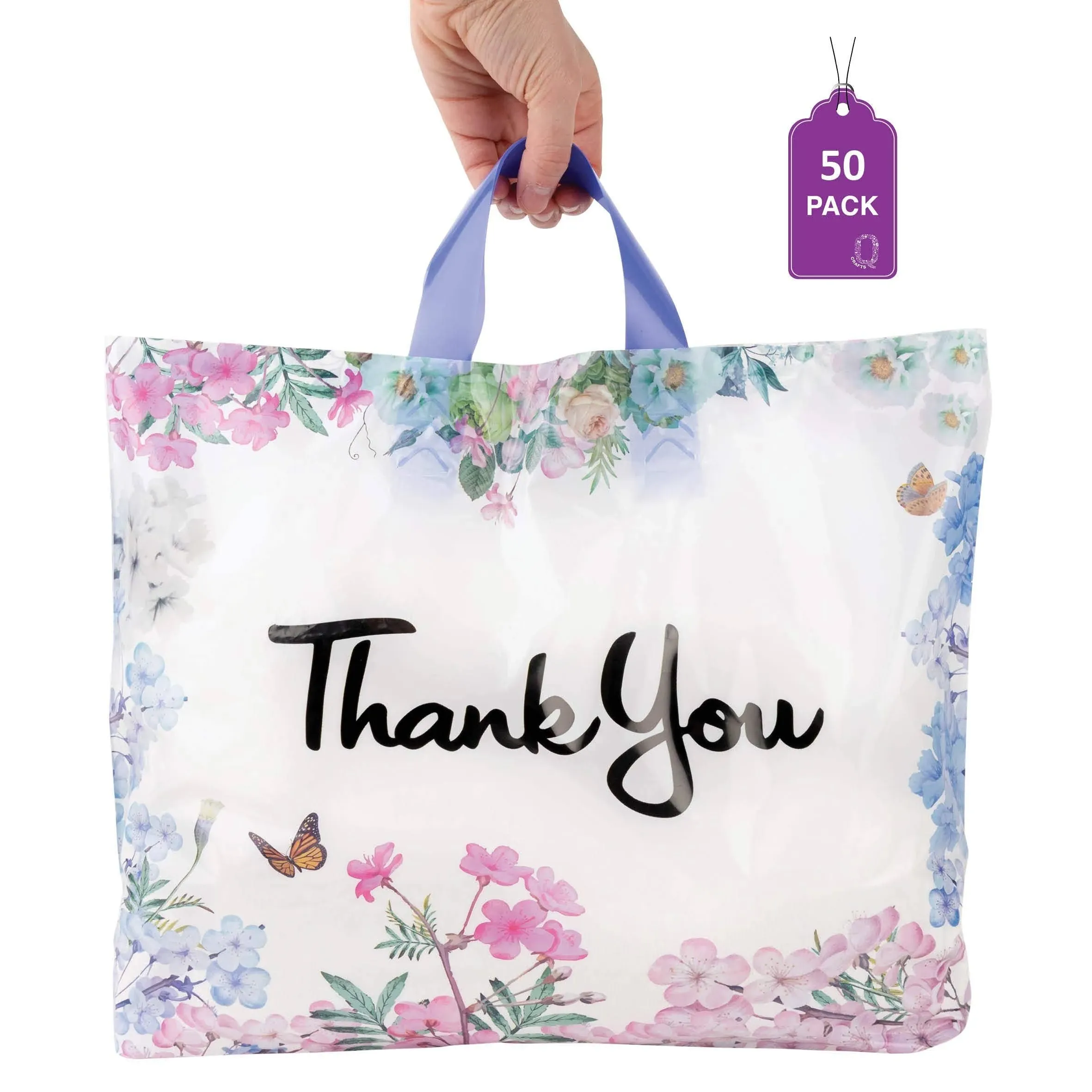 Purple Q Crafts Thank You Bags for Business 50 Pack 15" W x 12" H Floral Plastic Shopping Bags with Soft Loop Handle