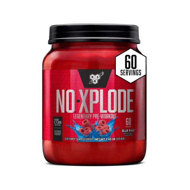 BSN N.O.-XPLODE Pre Workout Powder, Energy Supplement for Men and Women with Creatine and Beta-Alanine, Flavor: Blue Raz, 30 Servings