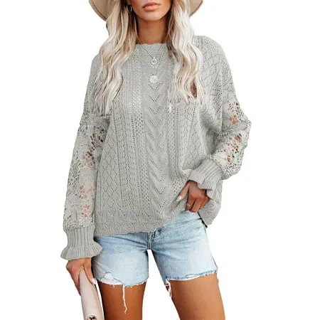 Sidefeel Women s Elegant Knitted Pullover Tops Crew Neck Long Sleeve Crochet Knit Slouchy Sweater Shirts Gray M 8-10