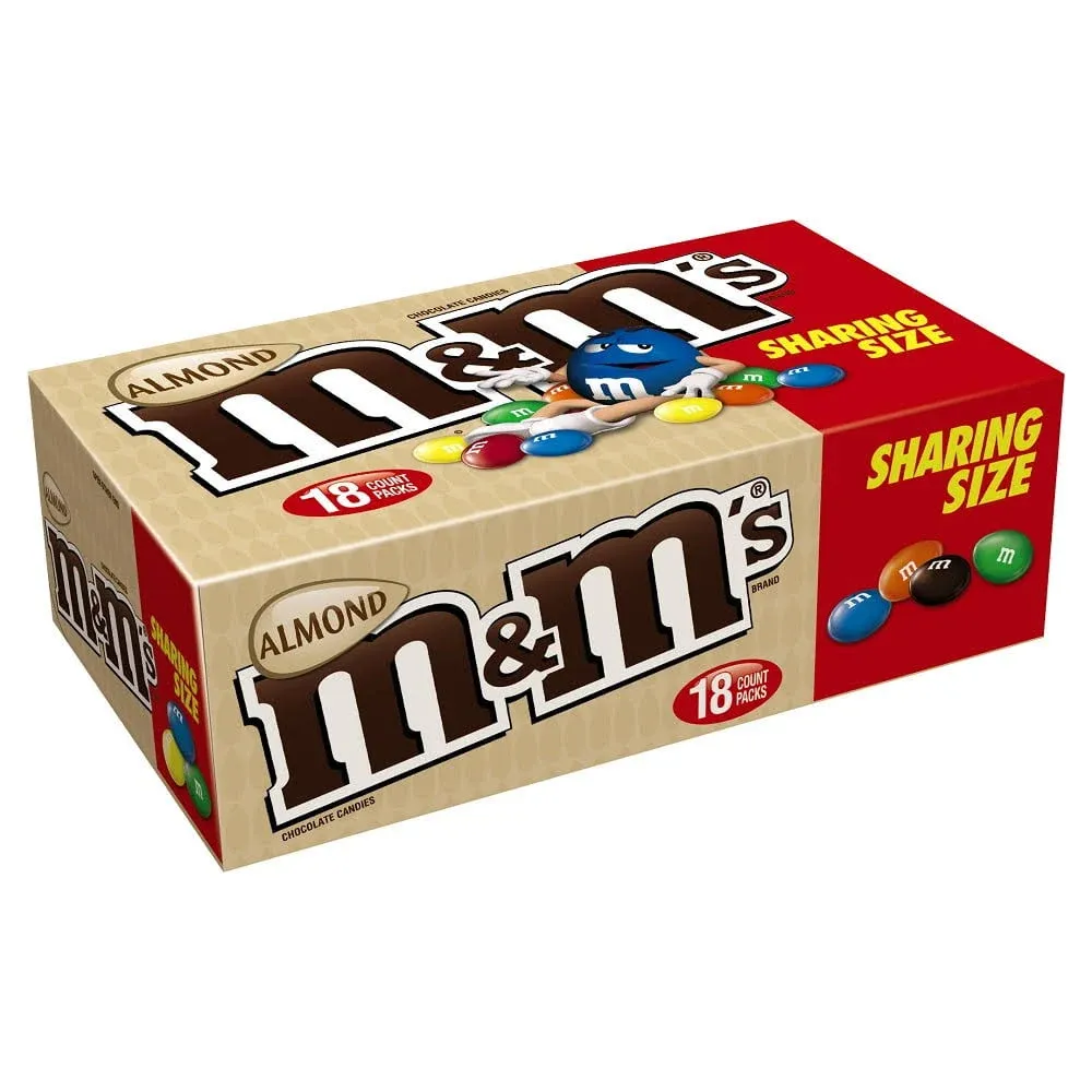 M&M's Almond Chocolate Candy Sharing Size 2.83-Ounce Pouch 18-Count Box