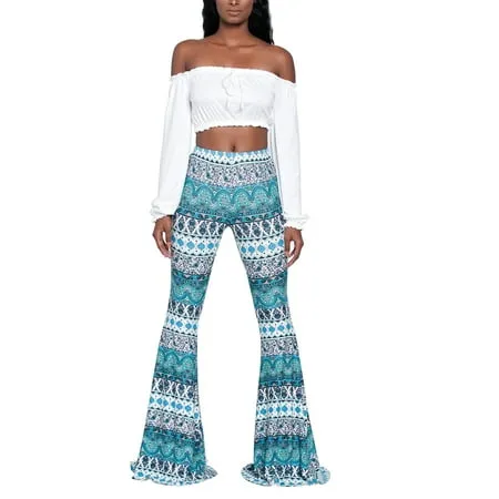 FOCUSNORM Women High Waisted Flare Palazzo Wide Leg Pants Ethnic Print Bell Bottoms Trousers