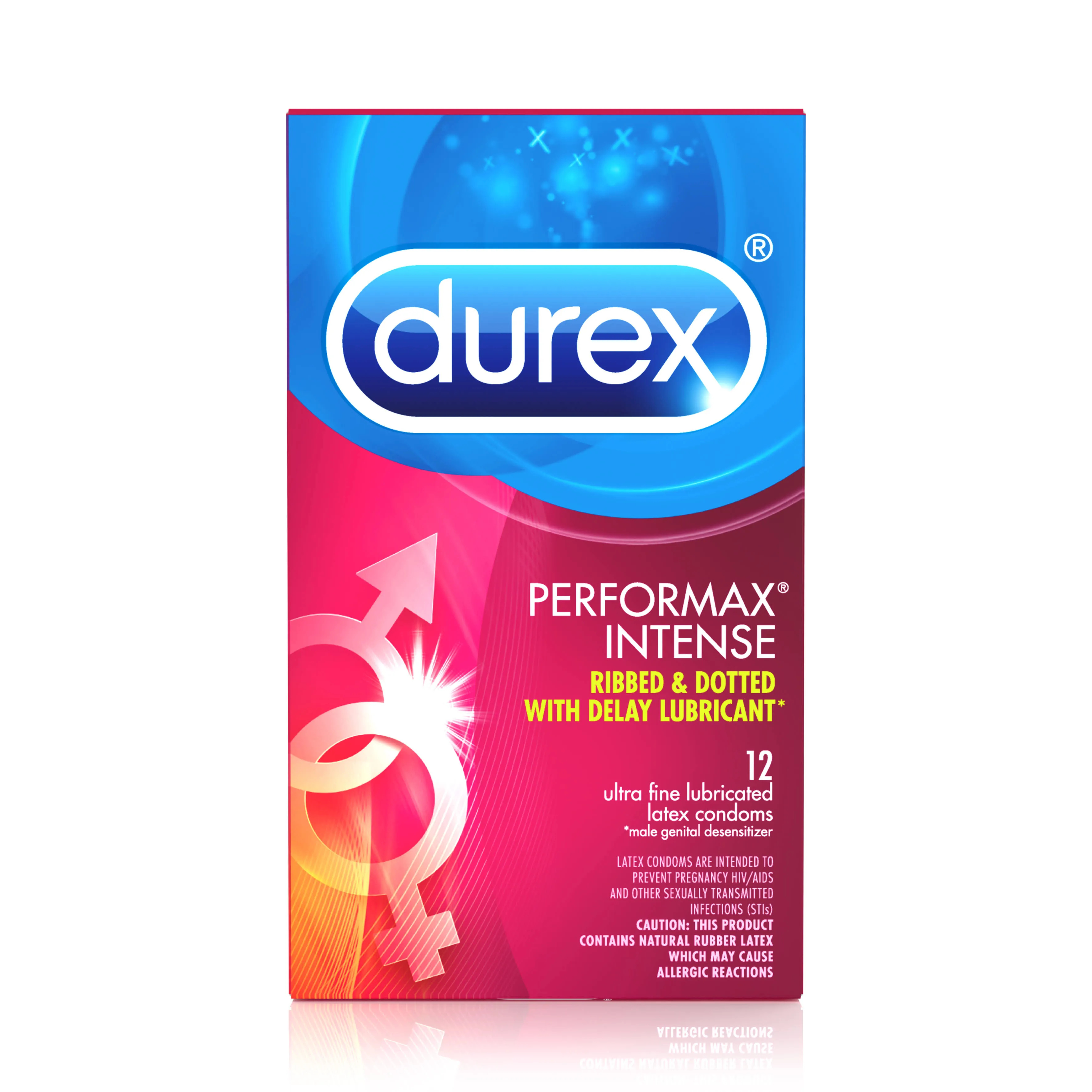 Durex Performax Intense Condoms, Latex, Ribbed & Dotted with Delay Lubricant - 12 condoms