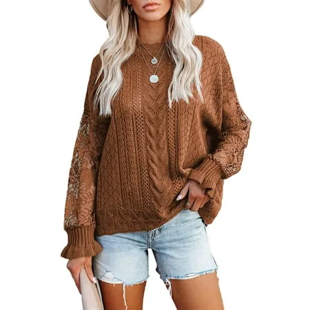 Sidefeel Women s Elegant Knitted Pullover Tops Crew Neck Long Sleeve Crochet Knit Slouchy Sweater Shirts Brown M 8-10