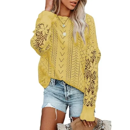 Sidefeel Women s Elegant Knitted Pullover Tops Crew Neck Long Sleeve Crochet Knit Slouchy Sweater Shirts Yellow M 8-10