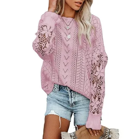 Sidefeel Women s Elegant Knitted Pullover Tops Crew Neck Long Sleeve Crochet Knit Slouchy Sweater Shirts Pink M 8-10