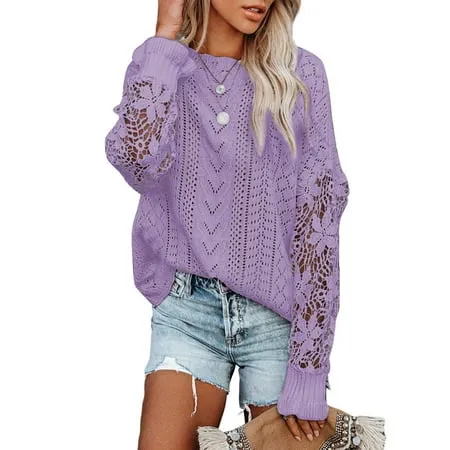 Sidefeel Women s Elegant Knitted Pullover Tops Crew Neck Long Sleeve Crochet Knit Slouchy Sweater Shirts Purple M 8-10