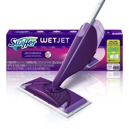 Swiffer WetJet Mop, 11 x 5 White Cloth Head, 46" Purple-Silver Aluminu