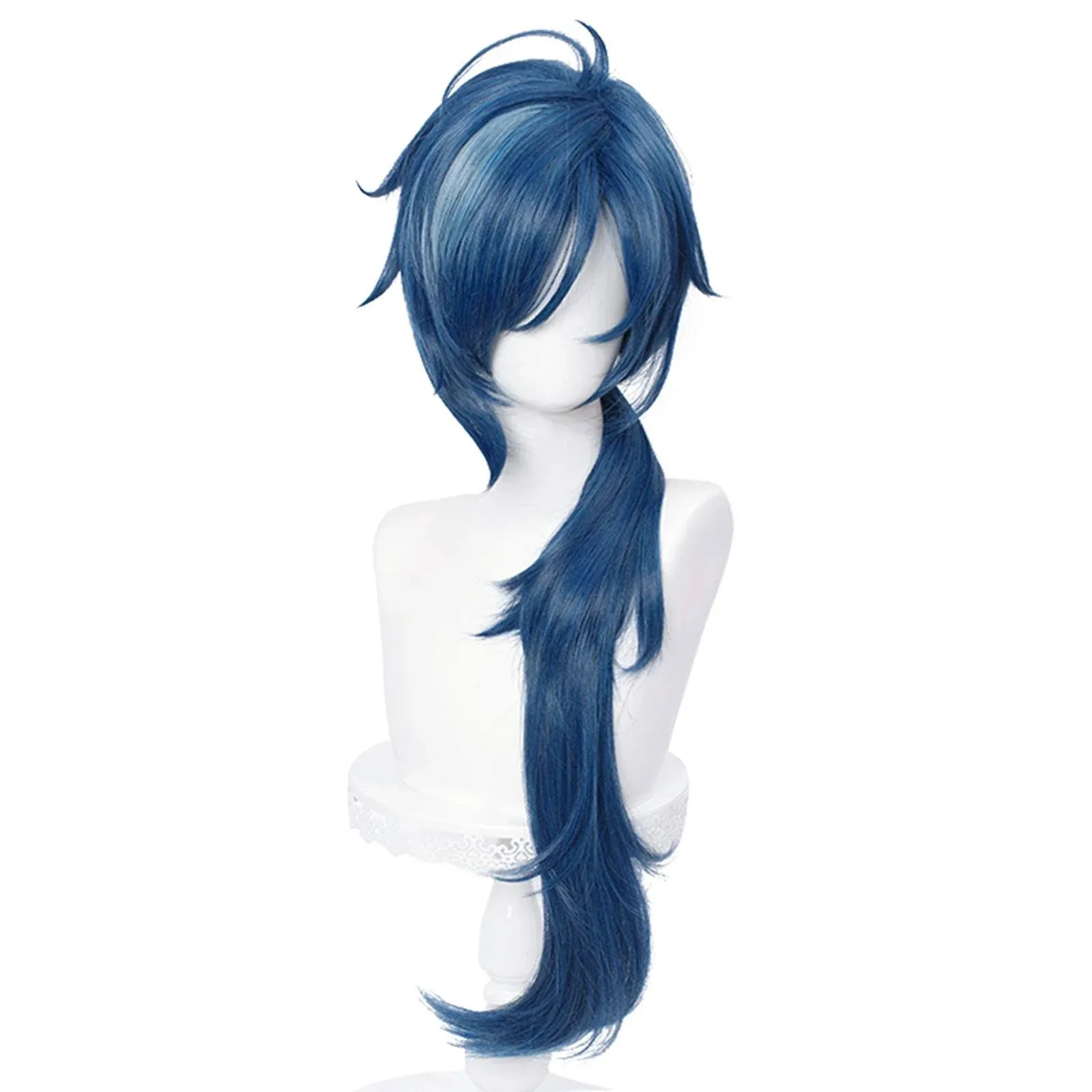 SL Blue Ponytail Wig for Kaeya Cosplay Costume Game Role Fluffy Curly Anime Cosplay Hair Wigs with Pigtail Bangs + Cap Long